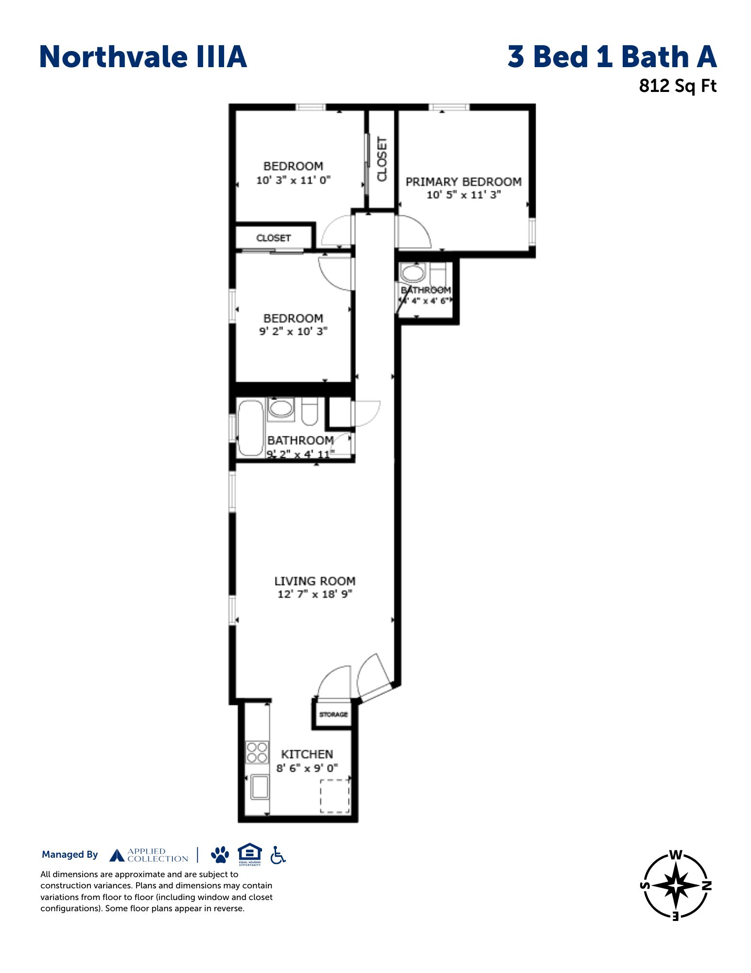 Floor plan for 3 beds, 1.5 baths, 812 sqft